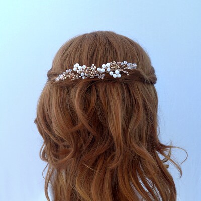 Swarovski Pearl Bridal Headpiece - Wedding Tiara - Wedding Hair Piece Gold Wedding Headband Swarovski Wedding Hair Jewelry Bridal Hair Vine - image7